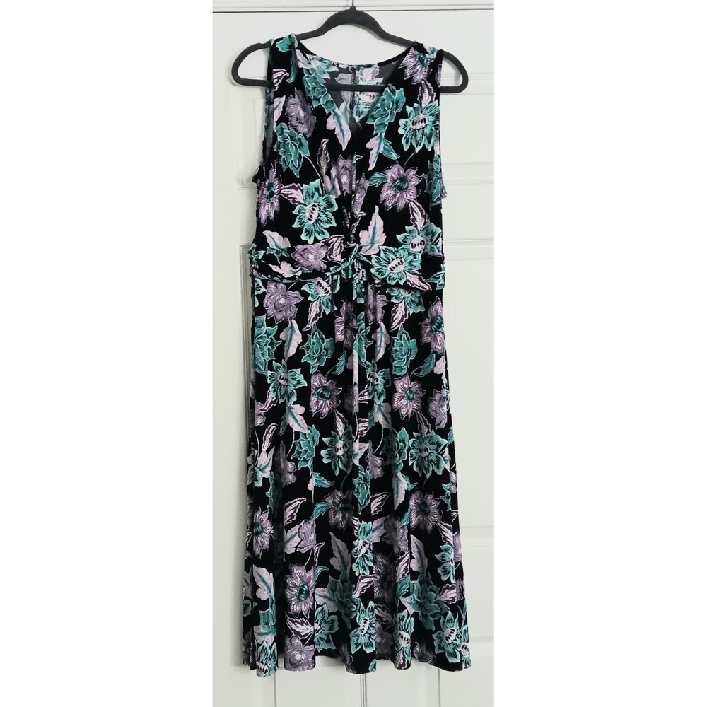 Croft Barrow Dress Women's Size L Black Floral Purple Teal Pullon Sleeveless